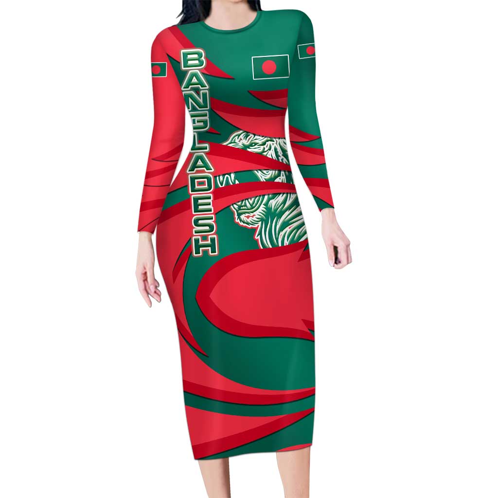 Bangladesh Long Sleeve Bodycon Dress with Tiger Bengal Design and National Emblem Motif
