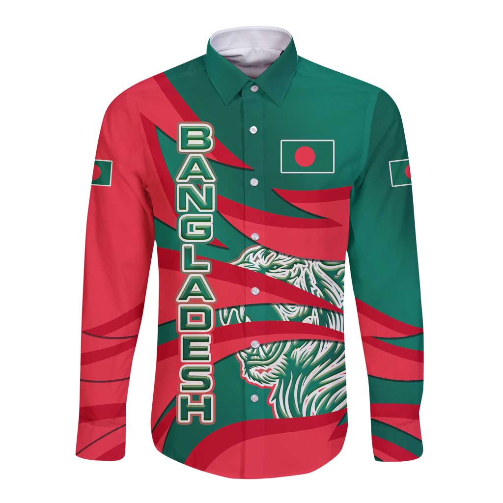 Bangladesh Long Sleeve Button Shirt with Tiger Bengal Design and National Emblem Motif