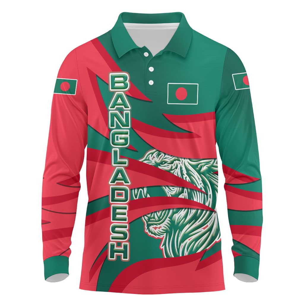 Bangladesh Long Sleeve Polo Shirt with Tiger Bengal Design and National Emblem Motif