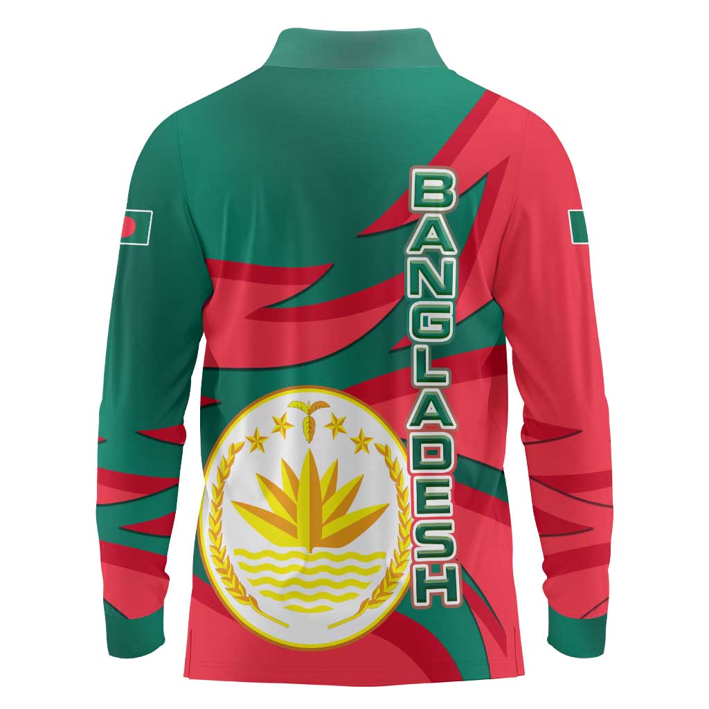 Bangladesh Long Sleeve Polo Shirt with Tiger Bengal Design and National Emblem Motif