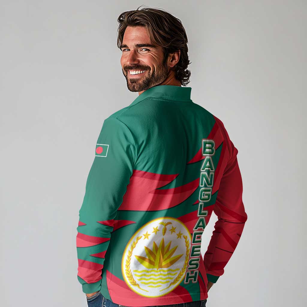 Bangladesh Long Sleeve Polo Shirt with Tiger Bengal Design and National Emblem Motif