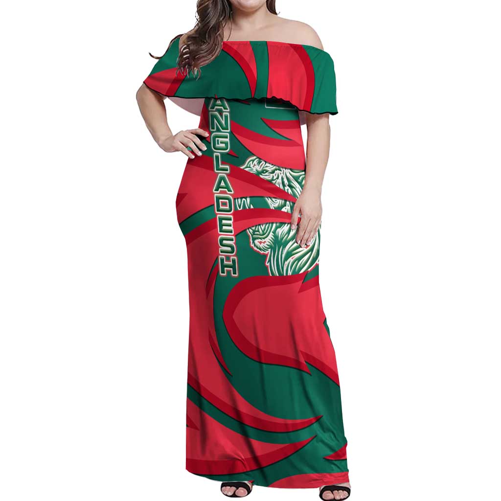 Bangladesh Off Shoulder Maxi Dress with Tiger Bengal Design and National Emblem Motif