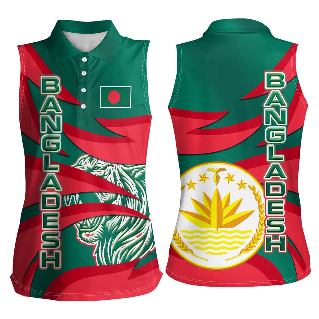 Bangladesh Women Sleeveless Polo Shirt with Tiger Bengal Design and National Emblem Motif