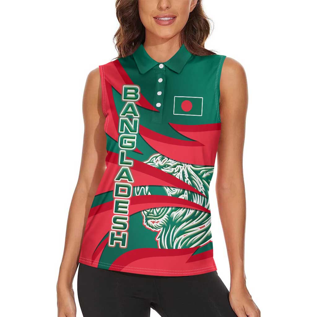 Bangladesh Women Sleeveless Polo Shirt with Tiger Bengal Design and National Emblem Motif