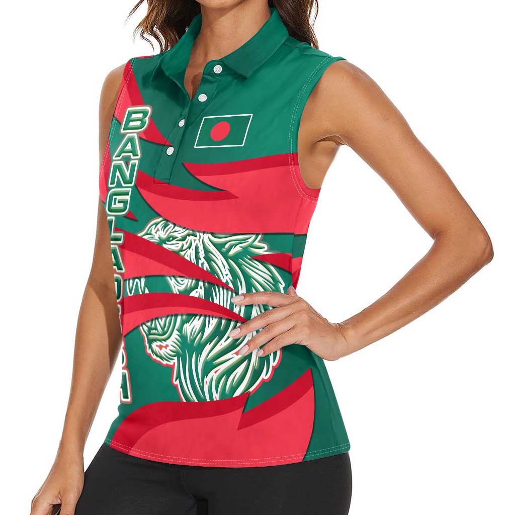 Bangladesh Women Sleeveless Polo Shirt with Tiger Bengal Design and National Emblem Motif