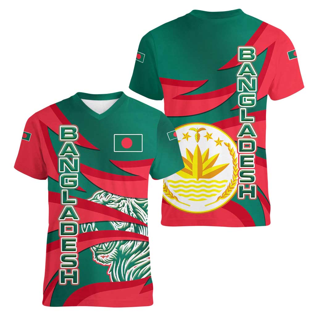 Bangladesh Women V-Neck T-Shirt with Tiger Bengal Design and National Emblem Motif