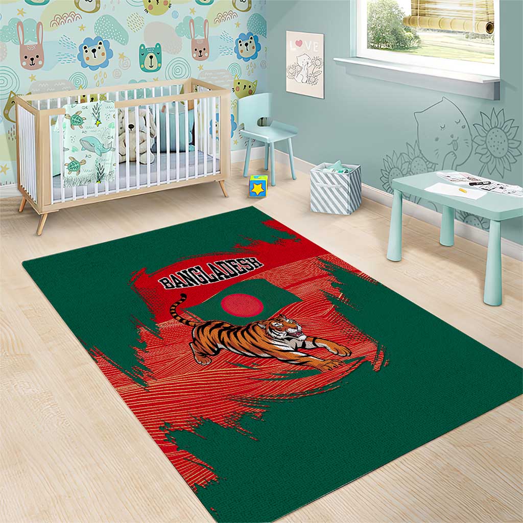 Bangladesh Flag Area Rug with Royal Bengal Tiger Design