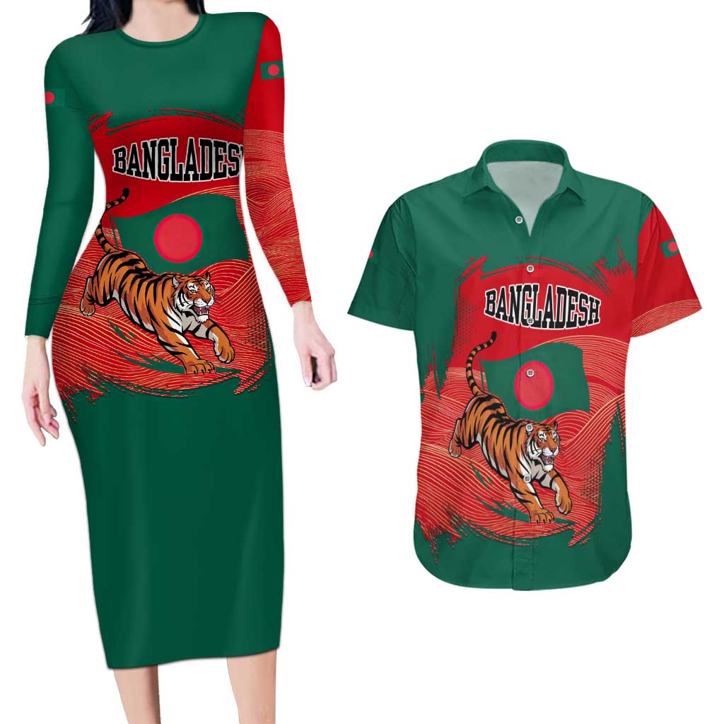 Bangladesh Flag Couples Matching Long Sleeve Bodycon Dress and Hawaiian Shirt with Royal Bengal Tiger Design