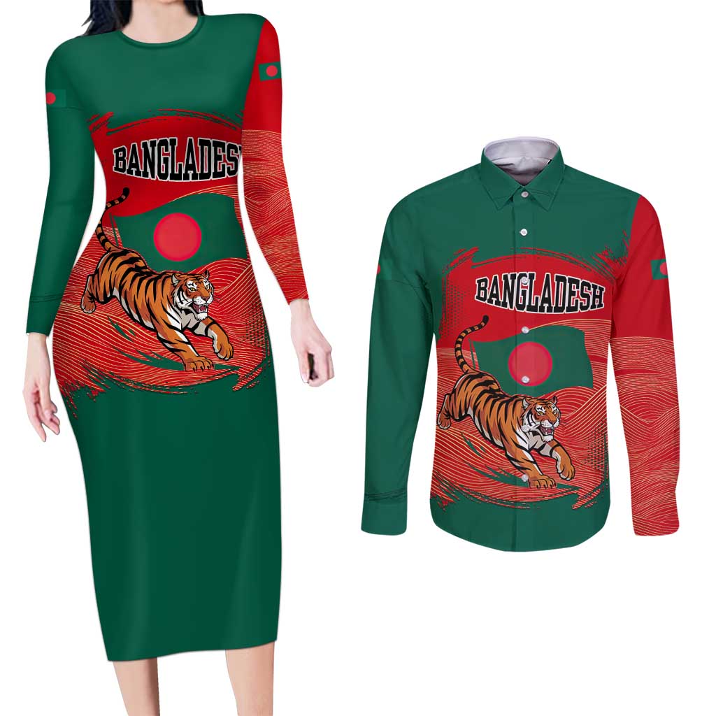 Bangladesh Flag Couples Matching Long Sleeve Bodycon Dress and Long Sleeve Button Shirt with Royal Bengal Tiger Design