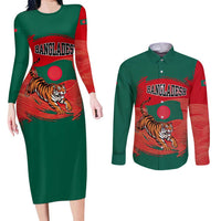 Bangladesh Flag Couples Matching Long Sleeve Bodycon Dress and Long Sleeve Button Shirt with Royal Bengal Tiger Design
