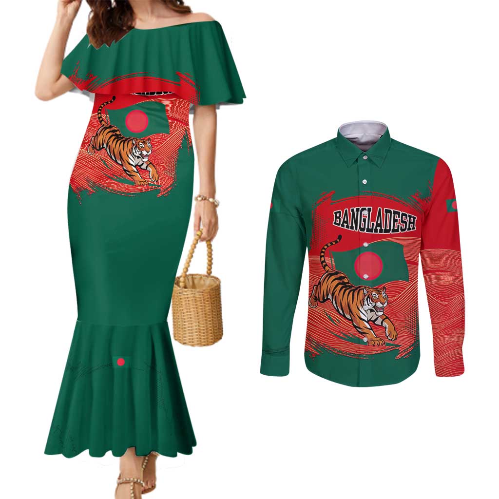 Bangladesh Flag Couples Matching Mermaid Dress and Long Sleeve Button Shirt with Royal Bengal Tiger Design