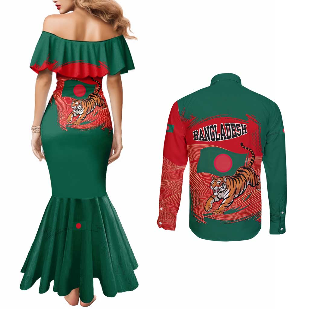 Bangladesh Flag Couples Matching Mermaid Dress and Long Sleeve Button Shirt with Royal Bengal Tiger Design