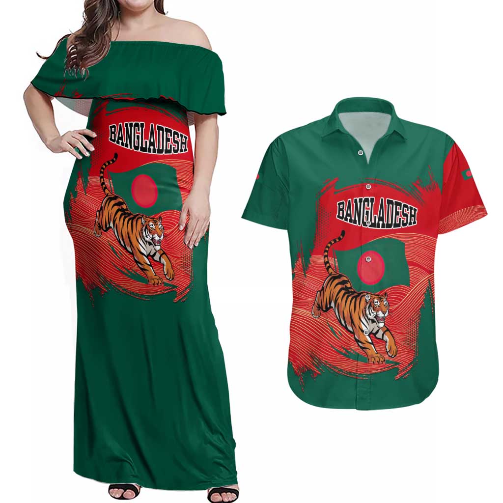 Bangladesh Flag Couples Matching Off Shoulder Maxi Dress and Hawaiian Shirt with Royal Bengal Tiger Design