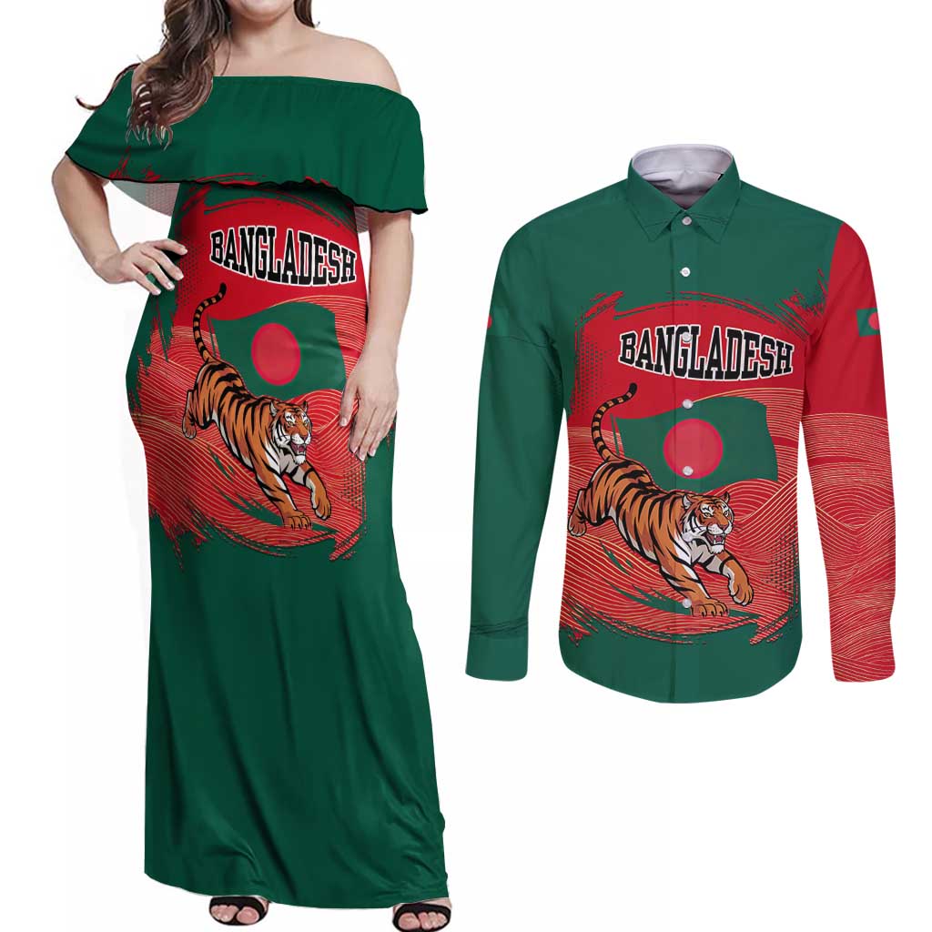 Bangladesh Flag Couples Matching Off Shoulder Maxi Dress and Long Sleeve Button Shirt with Royal Bengal Tiger Design