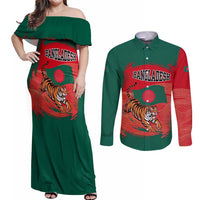 Bangladesh Flag Couples Matching Off Shoulder Maxi Dress and Long Sleeve Button Shirt with Royal Bengal Tiger Design