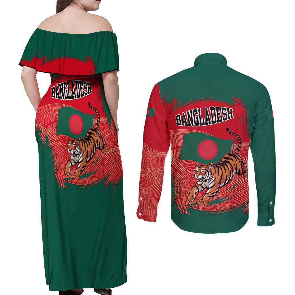 Bangladesh Flag Couples Matching Off Shoulder Maxi Dress and Long Sleeve Button Shirt with Royal Bengal Tiger Design