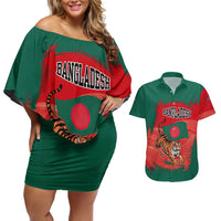 Bangladesh Flag Couples Matching Off Shoulder Short Dress and Hawaiian Shirt with Royal Bengal Tiger Design