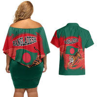Bangladesh Flag Couples Matching Off Shoulder Short Dress and Hawaiian Shirt with Royal Bengal Tiger Design