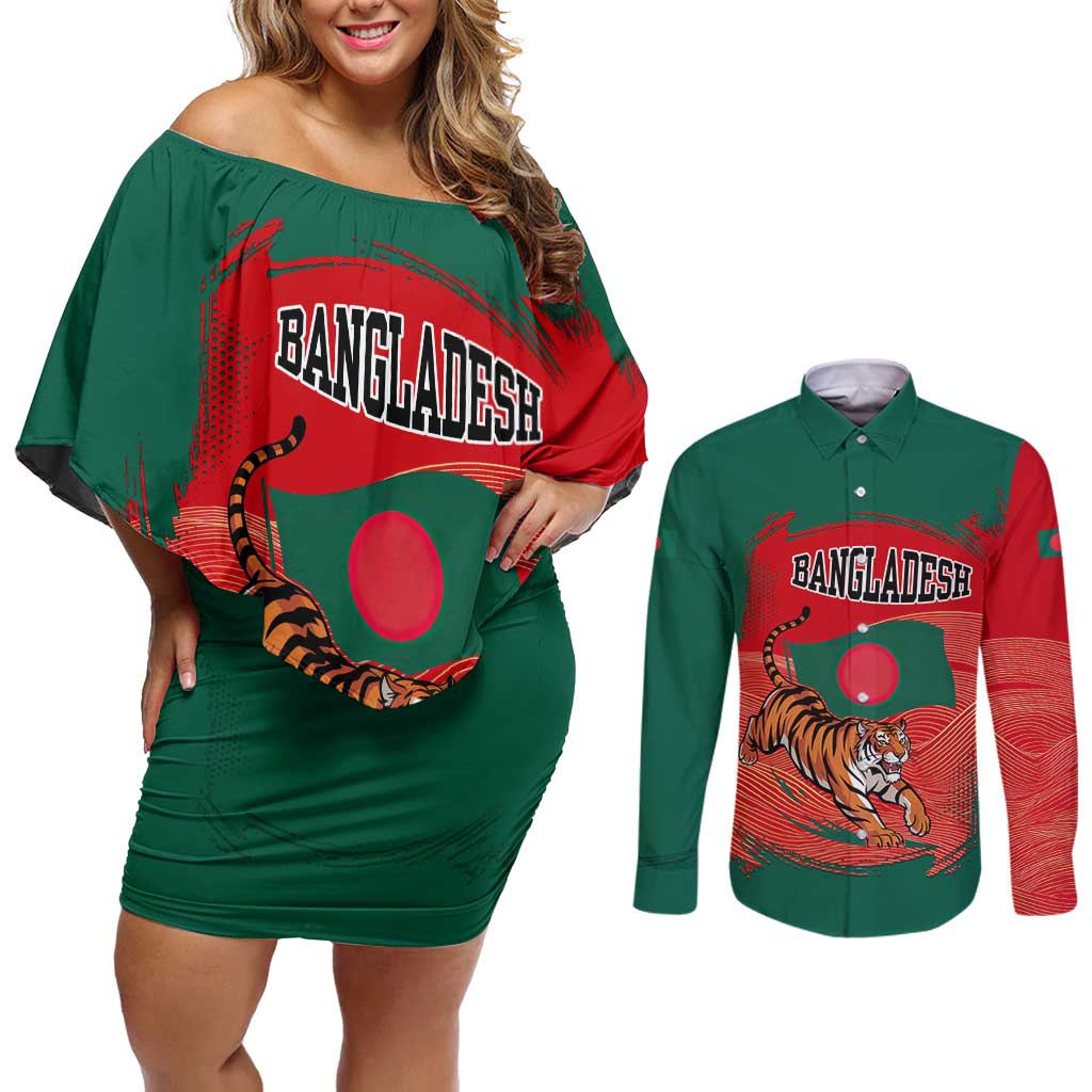 Bangladesh Flag Couples Matching Off Shoulder Short Dress and Long Sleeve Button Shirt with Royal Bengal Tiger Design