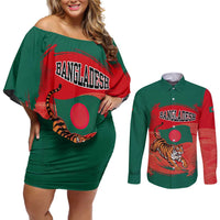 Bangladesh Flag Couples Matching Off Shoulder Short Dress and Long Sleeve Button Shirt with Royal Bengal Tiger Design