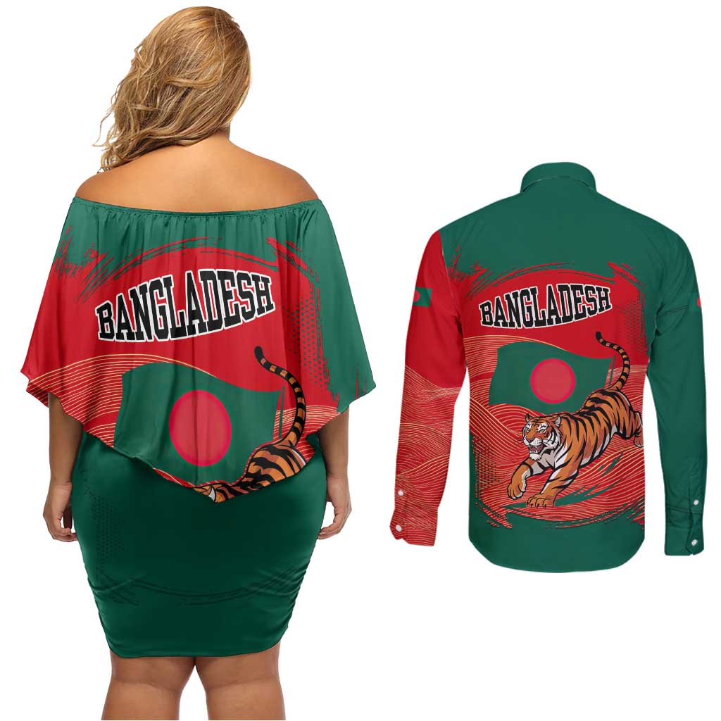 Bangladesh Flag Couples Matching Off Shoulder Short Dress and Long Sleeve Button Shirt with Royal Bengal Tiger Design