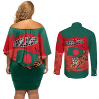 Bangladesh Flag Couples Matching Off Shoulder Short Dress and Long Sleeve Button Shirt with Royal Bengal Tiger Design