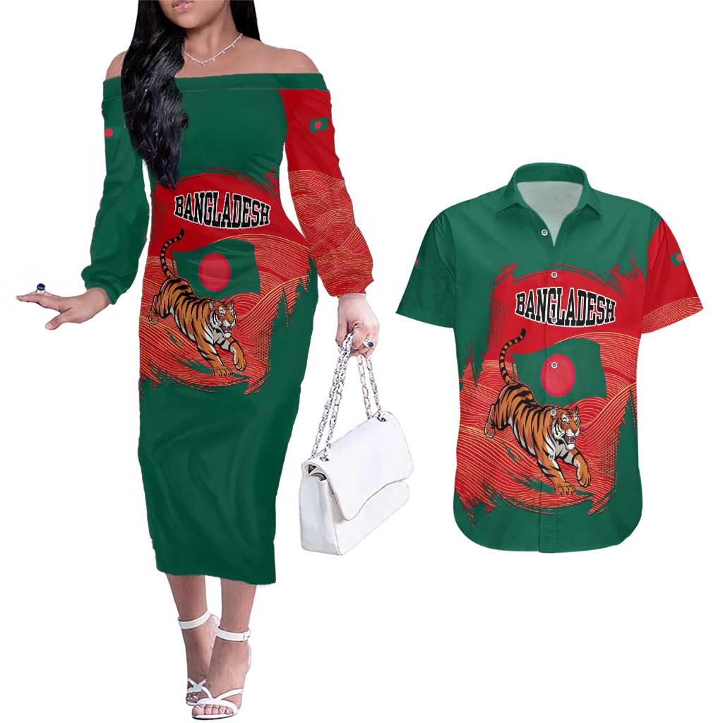 Bangladesh Flag Couples Matching Off The Shoulder Long Sleeve Dress and Hawaiian Shirt with Royal Bengal Tiger Design