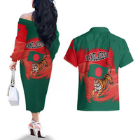 Bangladesh Flag Couples Matching Off The Shoulder Long Sleeve Dress and Hawaiian Shirt with Royal Bengal Tiger Design