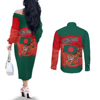 Bangladesh Flag Couples Matching Off The Shoulder Long Sleeve Dress and Long Sleeve Button Shirt with Royal Bengal Tiger Design