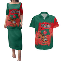 Bangladesh Flag Couples Matching Puletasi and Hawaiian Shirt with Royal Bengal Tiger Design
