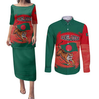 Bangladesh Flag Couples Matching Puletasi and Long Sleeve Button Shirt with Royal Bengal Tiger Design
