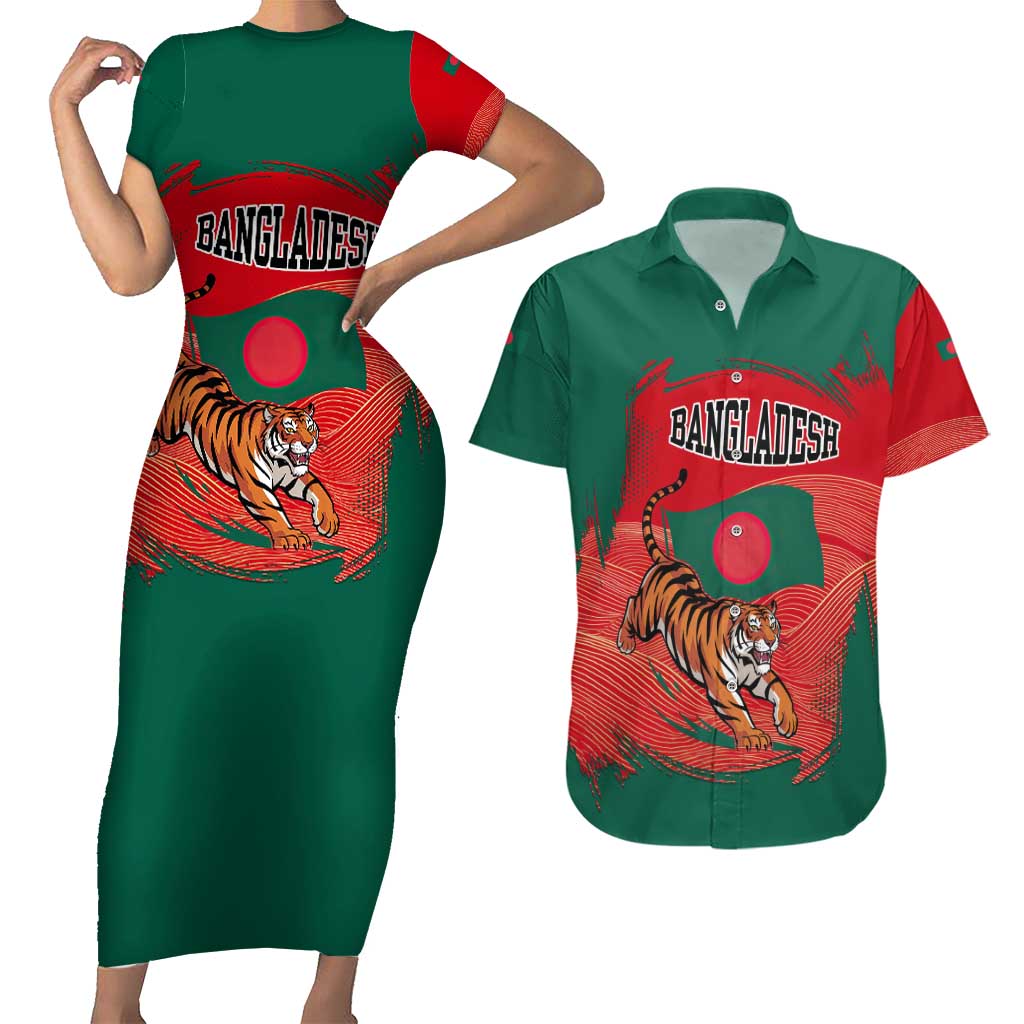 Bangladesh Flag Couples Matching Short Sleeve Bodycon Dress and Hawaiian Shirt with Royal Bengal Tiger Design