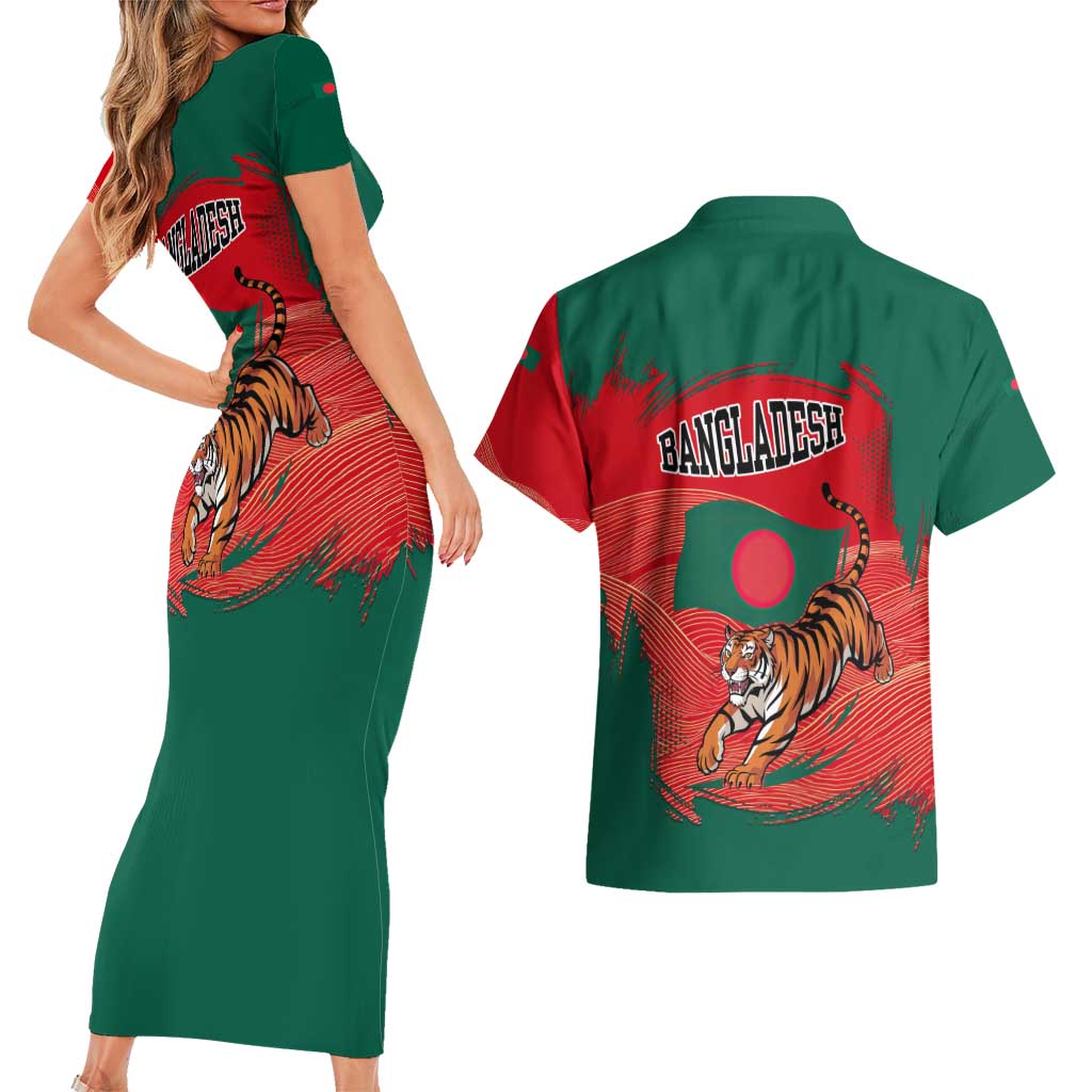 Bangladesh Flag Couples Matching Short Sleeve Bodycon Dress and Hawaiian Shirt with Royal Bengal Tiger Design
