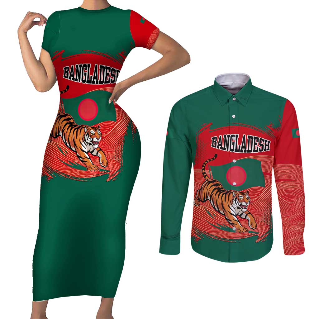 Bangladesh Flag Couples Matching Short Sleeve Bodycon Dress and Long Sleeve Button Shirt with Royal Bengal Tiger Design