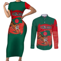 Bangladesh Flag Couples Matching Short Sleeve Bodycon Dress and Long Sleeve Button Shirt with Royal Bengal Tiger Design