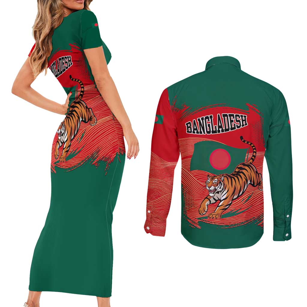 Bangladesh Flag Couples Matching Short Sleeve Bodycon Dress and Long Sleeve Button Shirt with Royal Bengal Tiger Design