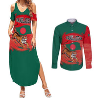 Bangladesh Flag Couples Matching Summer Maxi Dress and Long Sleeve Button Shirt with Royal Bengal Tiger Design