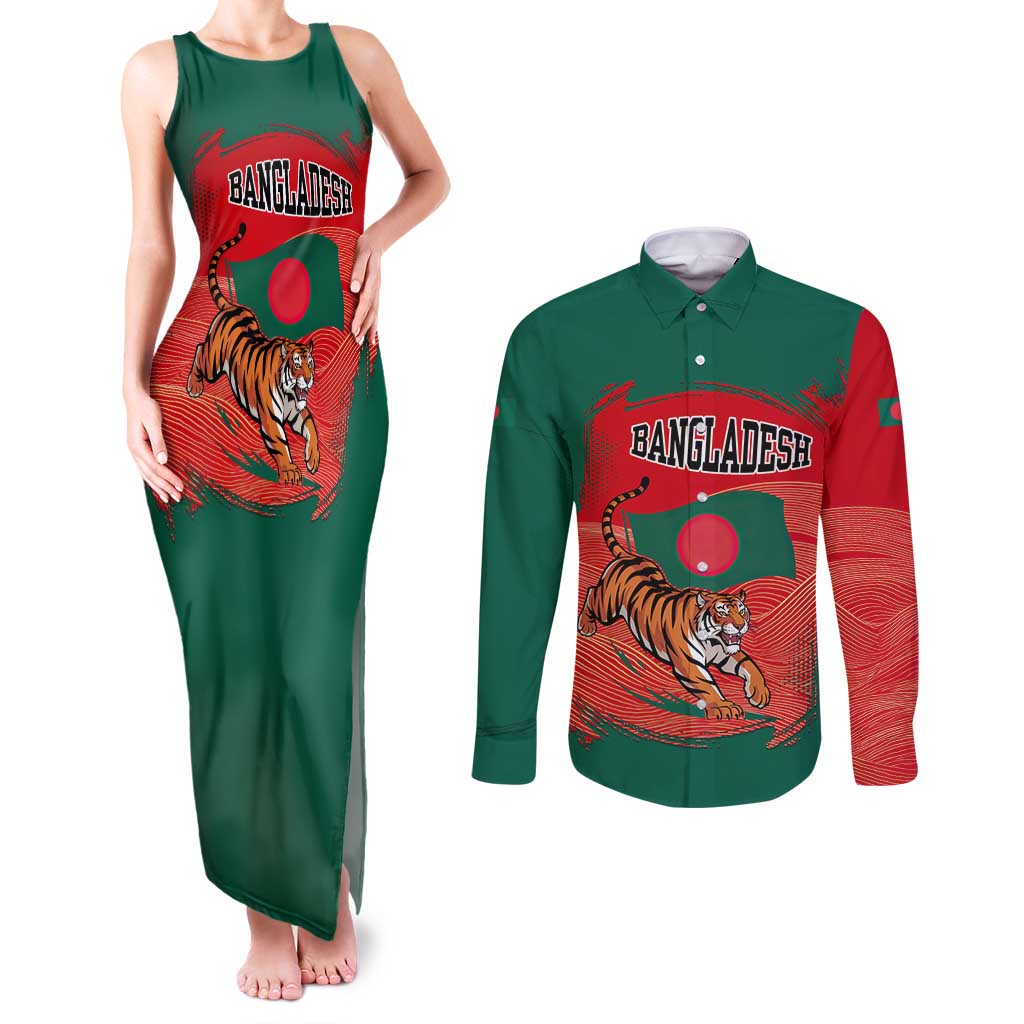 Bangladesh Flag Couples Matching Tank Maxi Dress and Long Sleeve Button Shirt with Royal Bengal Tiger Design