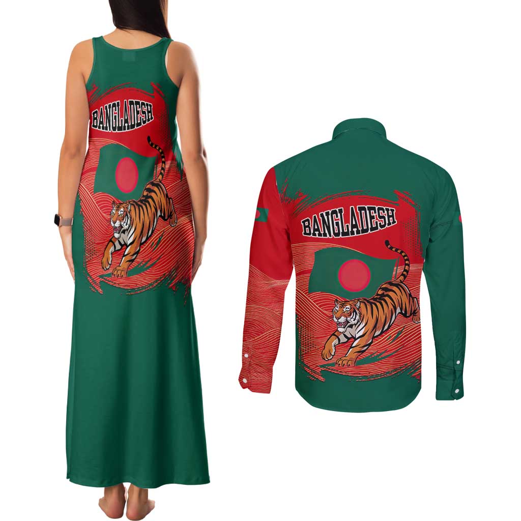 Bangladesh Flag Couples Matching Tank Maxi Dress and Long Sleeve Button Shirt with Royal Bengal Tiger Design