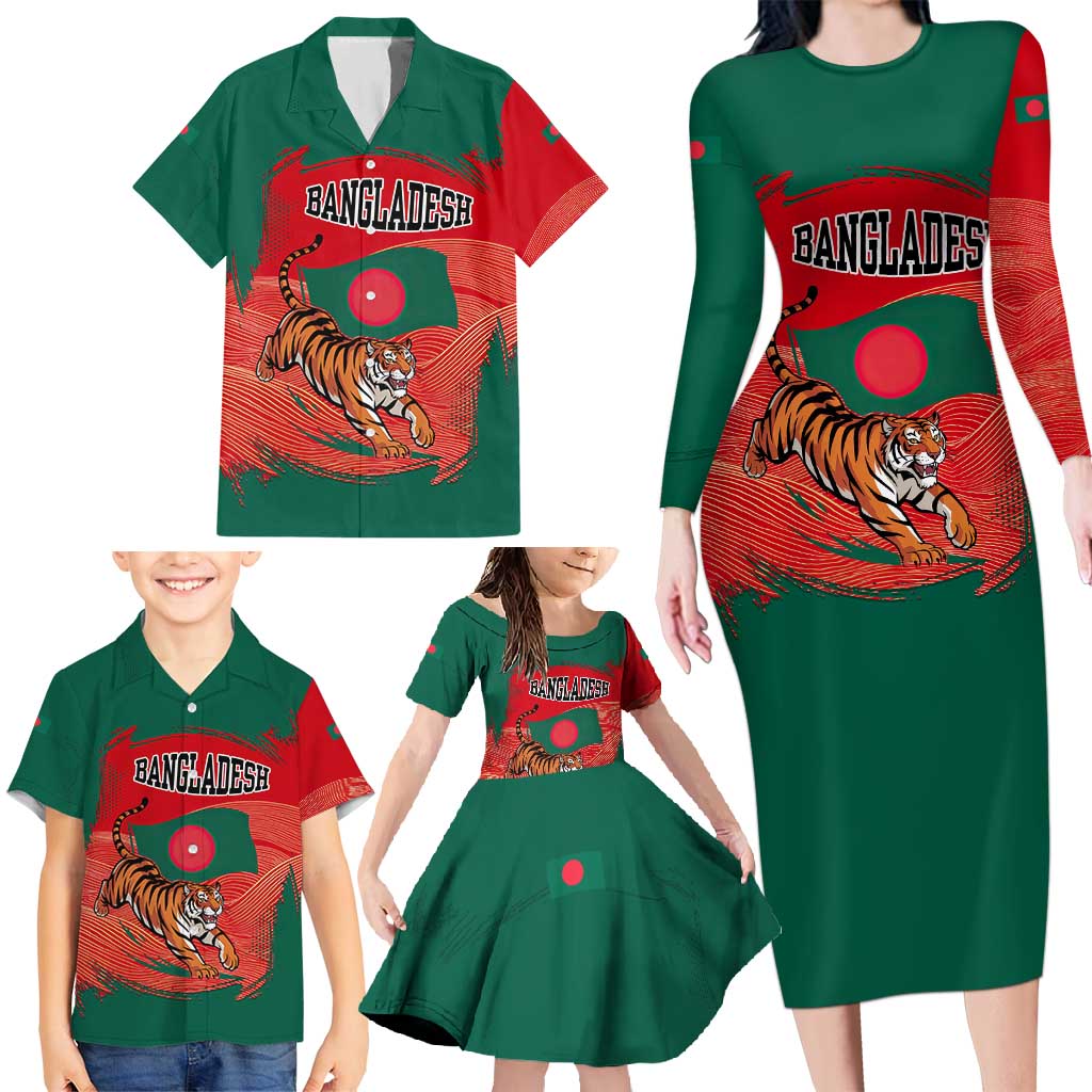 Bangladesh Flag Family Matching Long Sleeve Bodycon Dress and Hawaiian Shirt with Royal Bengal Tiger Design