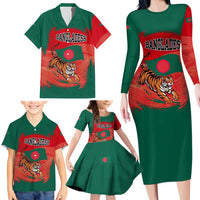 Bangladesh Flag Family Matching Long Sleeve Bodycon Dress and Hawaiian Shirt with Royal Bengal Tiger Design