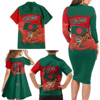 Bangladesh Flag Family Matching Long Sleeve Bodycon Dress and Hawaiian Shirt with Royal Bengal Tiger Design