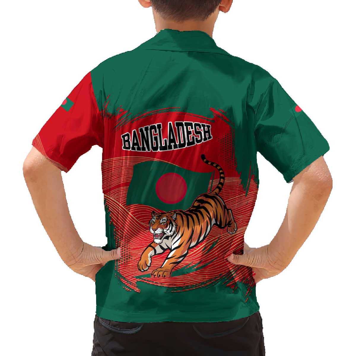 Bangladesh Flag Family Matching Off The Shoulder Long Sleeve Dress and Hawaiian Shirt with Royal Bengal Tiger Design