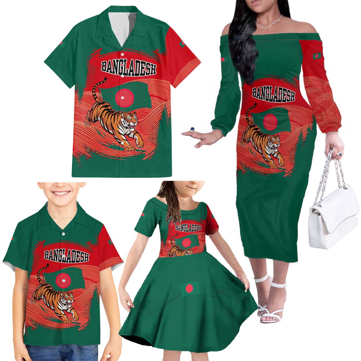Bangladesh Flag Family Matching Off The Shoulder Long Sleeve Dress and Hawaiian Shirt with Royal Bengal Tiger Design