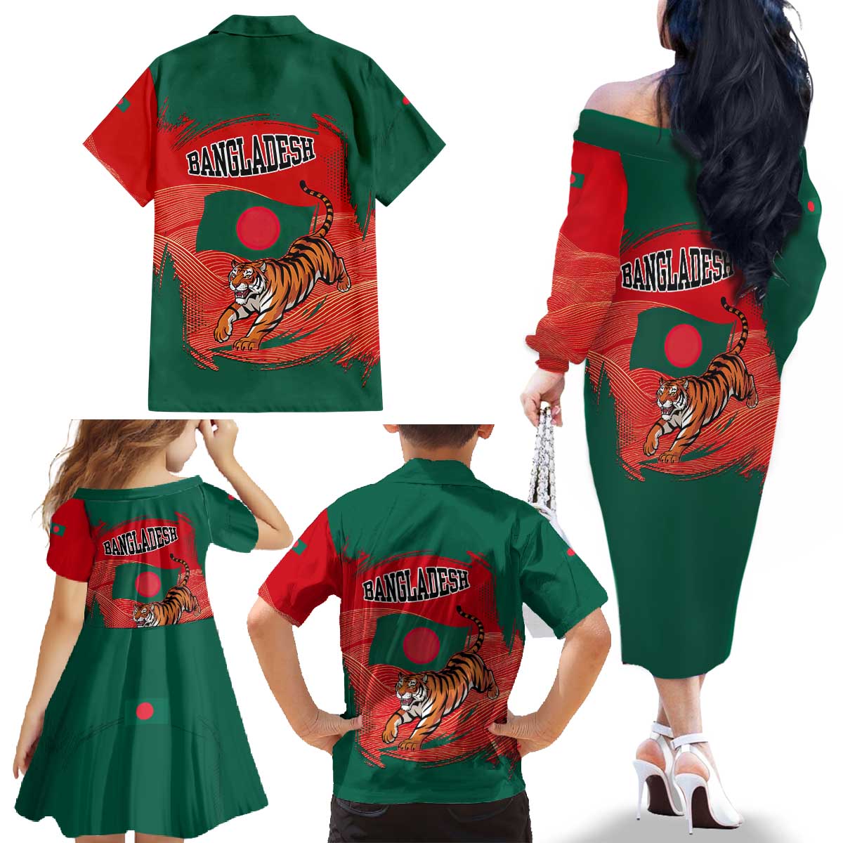 Bangladesh Flag Family Matching Off The Shoulder Long Sleeve Dress and Hawaiian Shirt with Royal Bengal Tiger Design