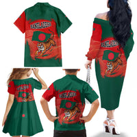 Bangladesh Flag Family Matching Off The Shoulder Long Sleeve Dress and Hawaiian Shirt with Royal Bengal Tiger Design