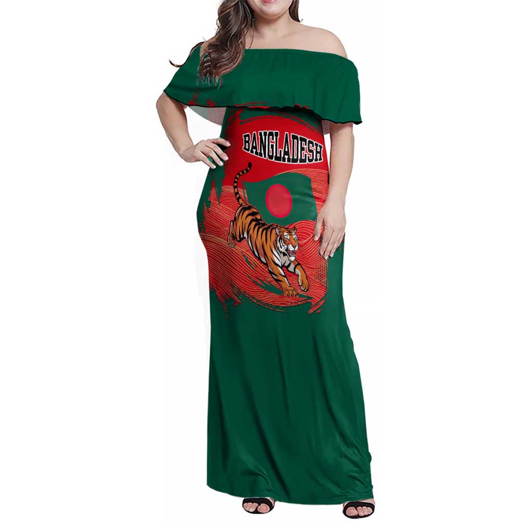 Bangladesh Flag Family Matching Off Shoulder Maxi Dress and Hawaiian Shirt with Royal Bengal Tiger Design