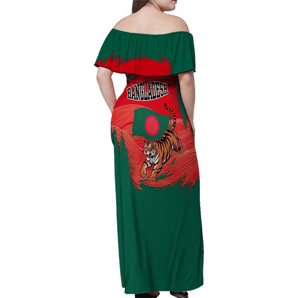 Bangladesh Flag Family Matching Off Shoulder Maxi Dress and Hawaiian Shirt with Royal Bengal Tiger Design