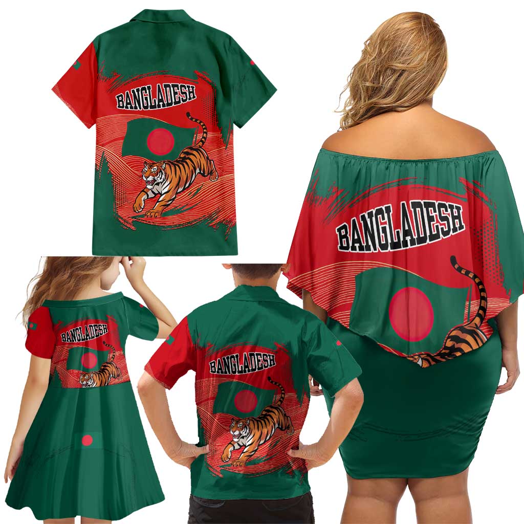 Bangladesh Flag Family Matching Off Shoulder Short Dress and Hawaiian Shirt with Royal Bengal Tiger Design
