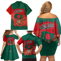 Bangladesh Flag Family Matching Off Shoulder Short Dress and Hawaiian Shirt with Royal Bengal Tiger Design